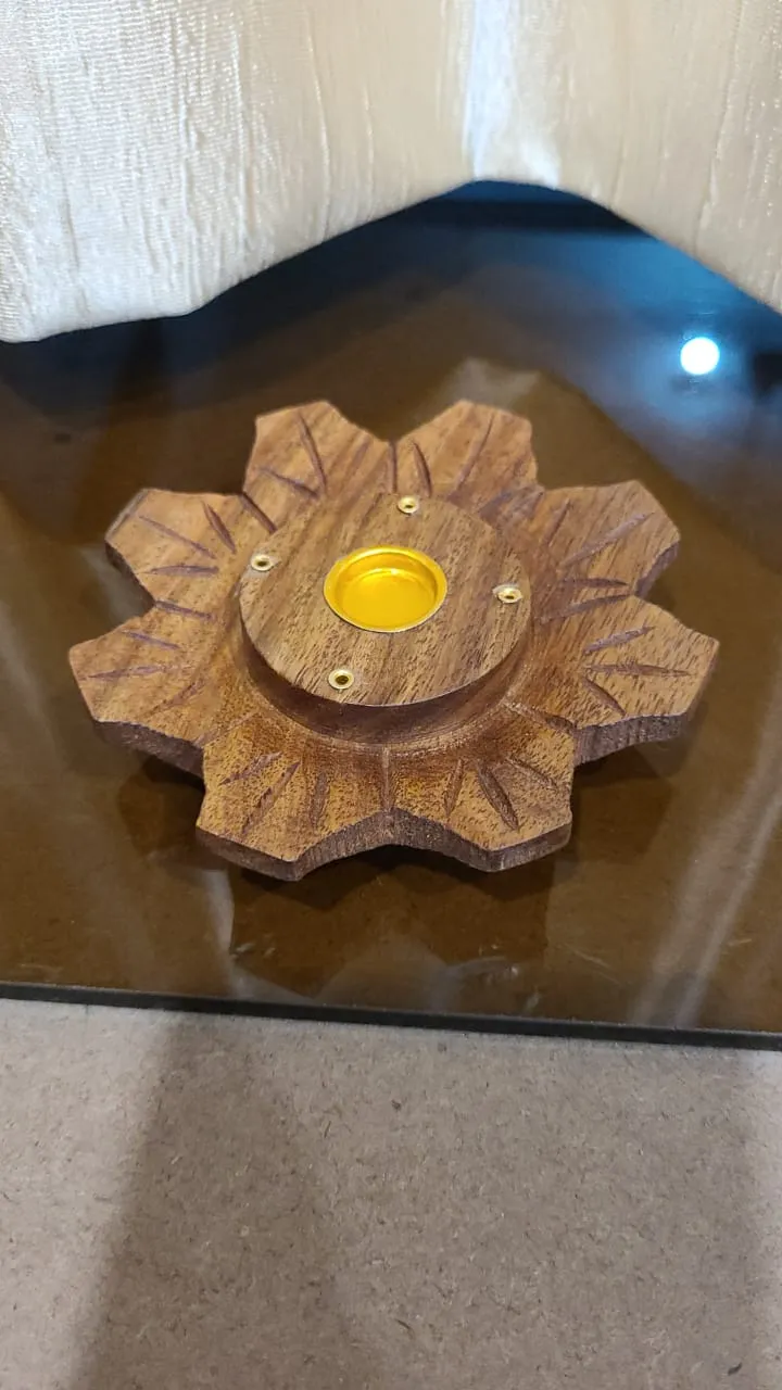 Wooden Incense Holder Flower Design Round