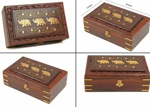 Wooden Jewellery Box Brass Elephant Inlay