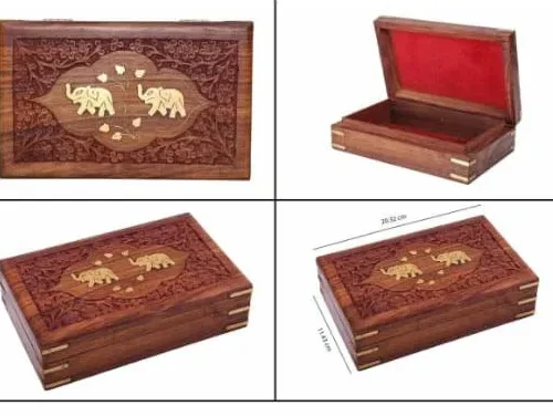 Wooden Jewellery Box Brass Elephant and FLowe Inlay 8 x 5 x 2.5