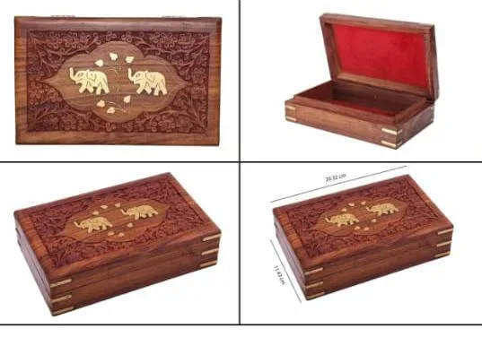 Wooden Jewellery Box Brass Elephant and FLowe Inlay 8 x 5 x 2.5