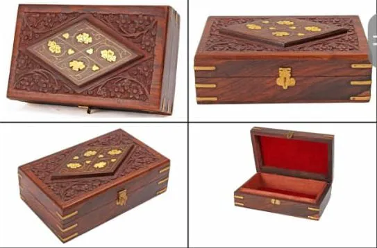 Wooden Jewellery Box Brass Flower Inlay