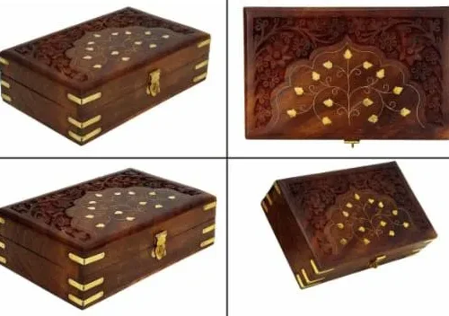 Wooden Jewellery Box Brass Leaves Inlay 8 x 5 x 2.5