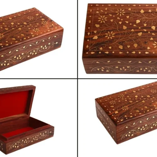 Wooden Jewellery Box Brass Leaves and Flower Inlay