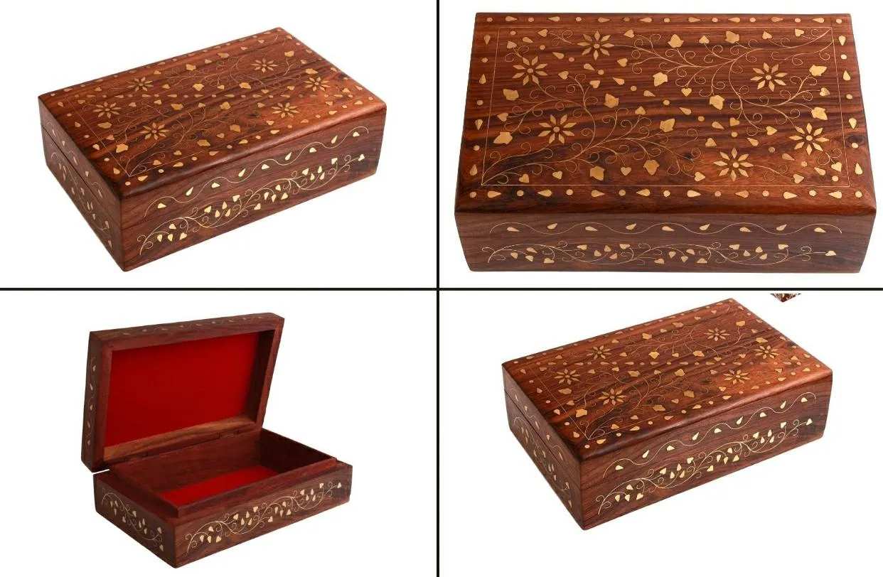 Wooden Jewellery Box Brass Leaves and Flower Inlay