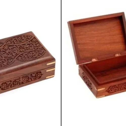 Wooden Jewellery Box Flower Carved 7 x 5 x 2.5