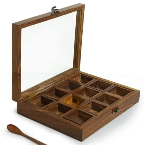 Wooden Masala Box With Spoon Wooden Masala Box With Spoon