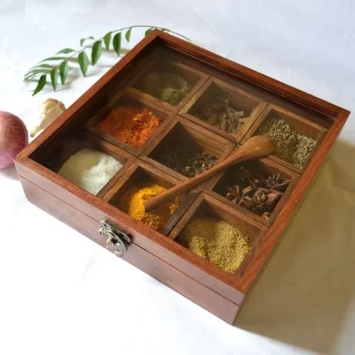 Wooden Masala Box With Spoon 9 x9 Wooden Masala Box With Spoon 9 x9